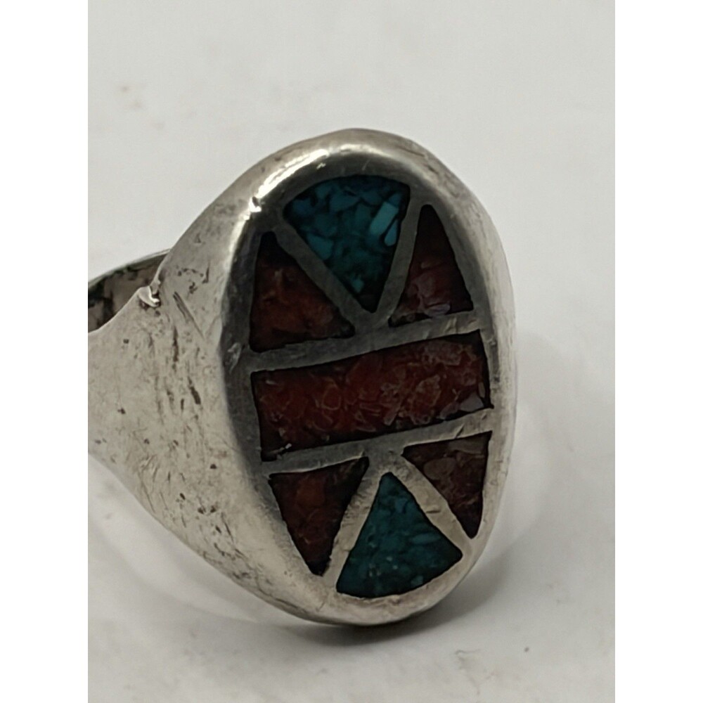 Vtg Navajo Sterling Silver Crushed Chip Turquoise & Coral Flush Ring Size 6.5